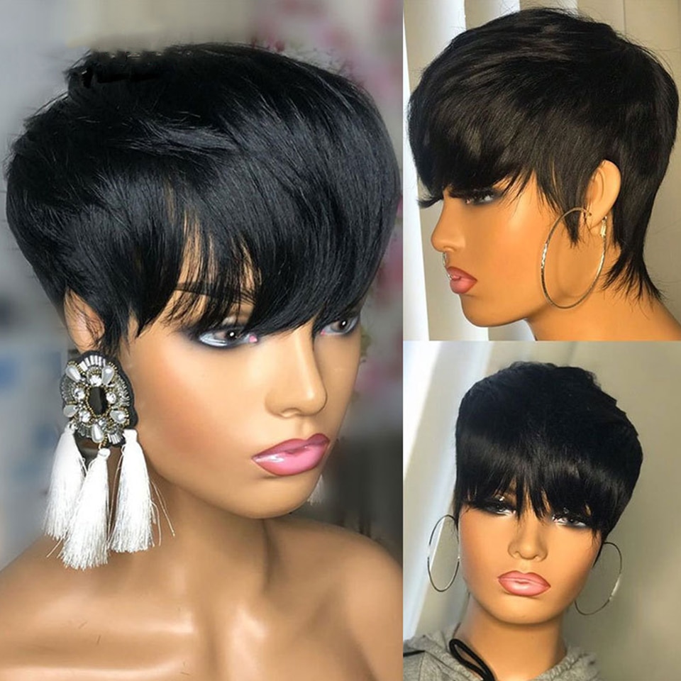 Natural Color Short Bob Straight Human Wigs With Bangs Brazilian Virgin Hair  Pixie Cut Wig Cheap Human Hair Wig For Black Women - Hair Candy Beauty