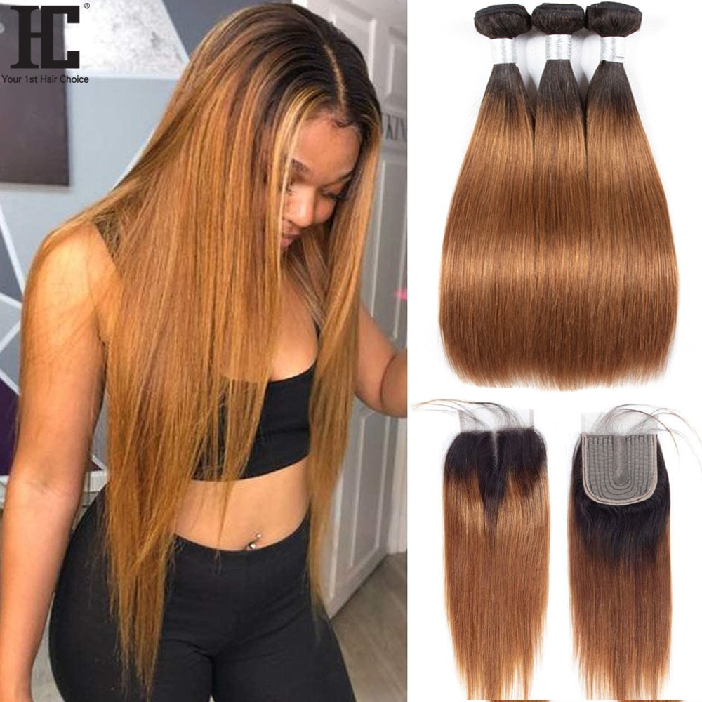 Ombre Brazilian Straight Hair Weave 3 Bundles With Closure Colored 1B/30  Remy Human Hair Bundles With 4×4 Lace Part Closure - Hair Candy Beauty