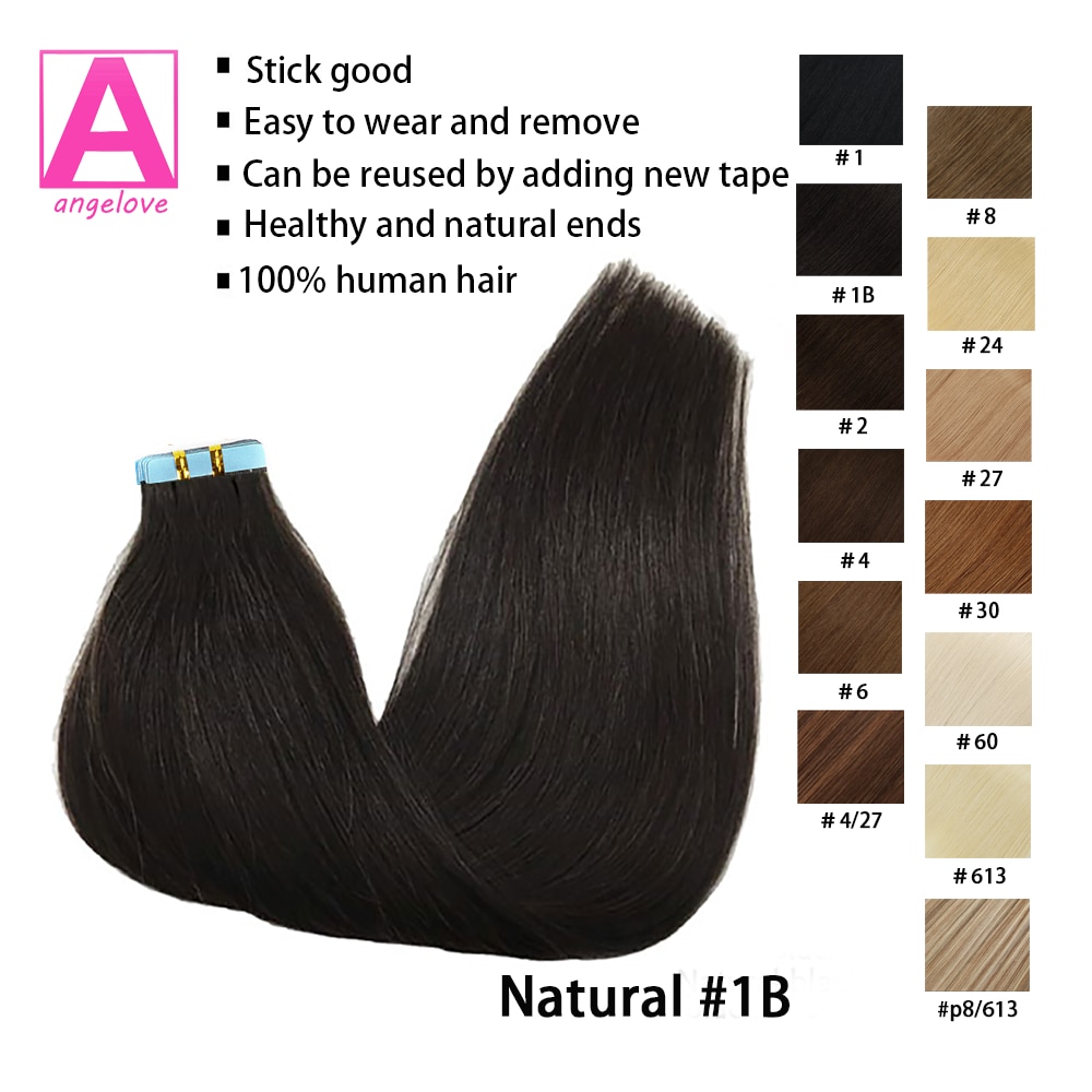 Tape In Human Hair Straight Extensions Color 1B 100% Remy Skin Weft  Adhesive Glue On For Salon High Quality for Woman 16-26 Inch - Hair Candy  Beauty
