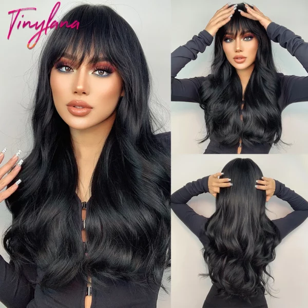 TINY LANA Natural Black Long Wavy Synthetic Wig with Bangs for Women Body Wave Dark Brown Wigs Cosplay Daily Hair Heat Resistant