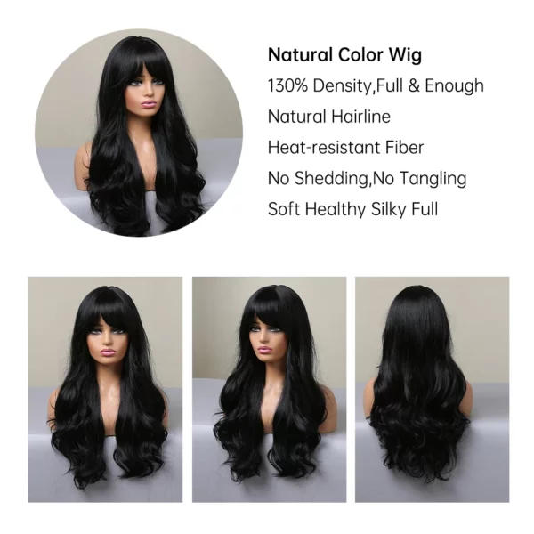 TINY LANA Natural Black Long Wavy Synthetic Wig with Bangs for Women Body Wave Dark Brown Wigs Cosplay Daily Hair Heat Resistant - Image 2