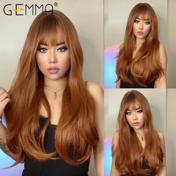 GEMMA Red Brown Copper Ginger Long Straight Synthetic Wigs for Women Natural Wave Wigs with Bangs Heat Resistant Cosplay Hair