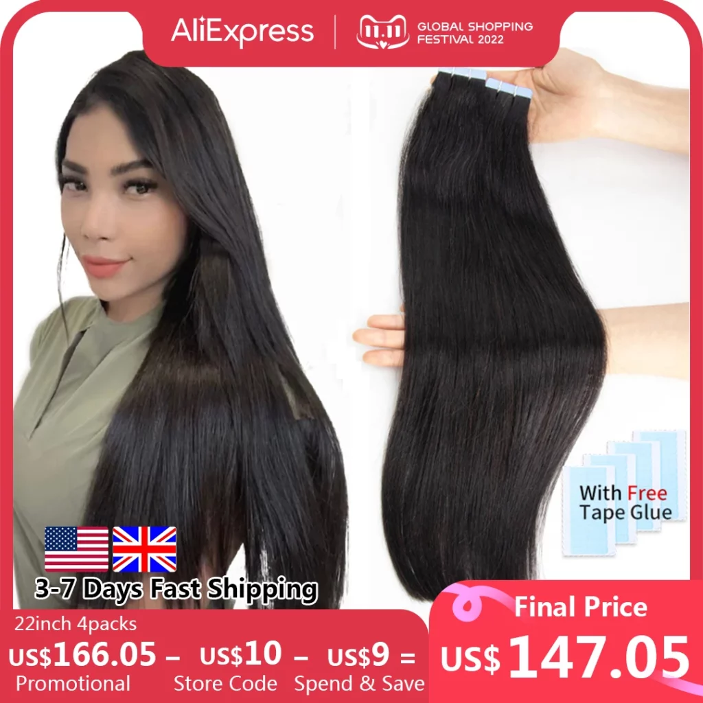 MRS HAIR Silky Straight Tape in Human Hair Extensions Remy Skin Weft Tape Hair Extension 12-24 inch 20pcs/pack #1B Natural Black