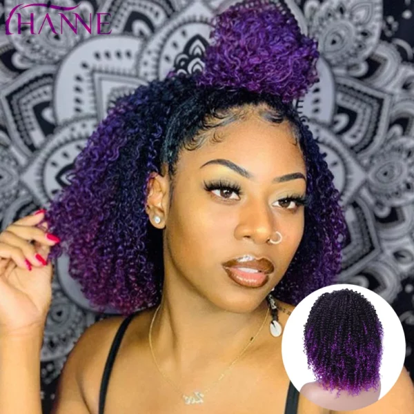 Afro Kinky Curly Synthetic Wig Purple Wig Curly Perruque Bob Synthétique Short Wigs For Black Women 3/4 Half Wig Heat Resistance - Image 2